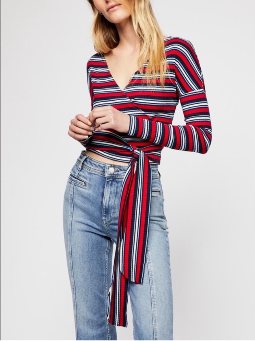 Free People Always With Me Striped Faux Wrap Long Sleeve Top